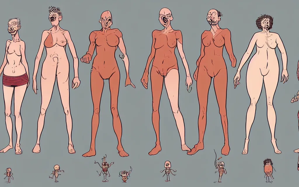 Image similar to a variety of 3 very different female / male short / tall skinny / fat angry / happy character designs by moebius, full body, spaced evenly