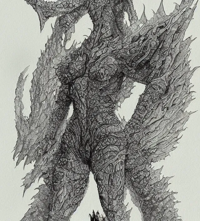 Image similar to a watercolor ink painting of a kaiju goddess of destruction hiding as a humanoid in the style of jean giraud in the style of moebius trending on artstation deviantart pinterest detailed realistic hd 8 k high resolution