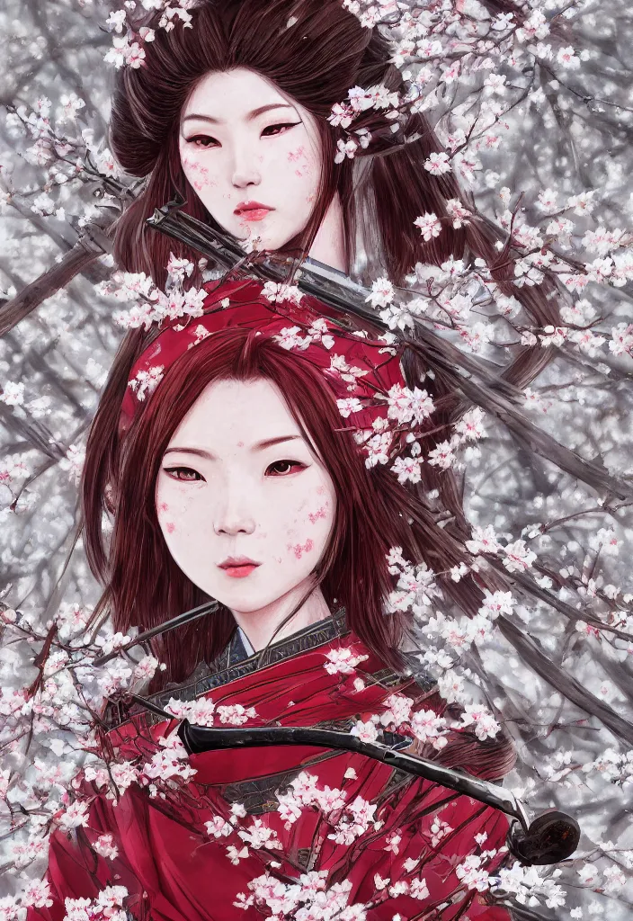 Image similar to detailed portrait of girl samurai in hakama with swords and rifles, in snow forest sakura cherry blossom, taisho roman, by wlop and krenz kushart, elite, elegant, luxury, perfect face, fine details, realistic shaded, fine - face, pretty face