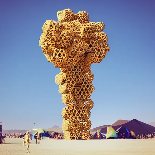 Image similar to highly detailed 3d render of burning man festival sculpture in the shape of bees by Beeple