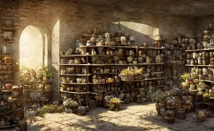 Image similar to an herbalist shop, adobe wall, a simple brick counter in the center, simple wood shelves, lots of jars and boxes of herbs, dark fantasy matte painting in the style of ruan jia and craig mullins