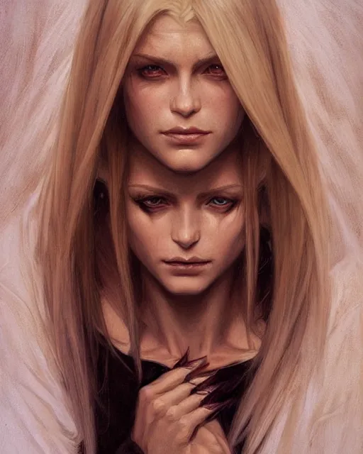 Image similar to portrait of a blonde vampire, dark, piercing eyes, gentle expression, elegant clothing, photorealistic, highly detailed, artstation, smooth, sharp focus, art by michael whelan, artgerm, greg rutkowski and alphonse mucha