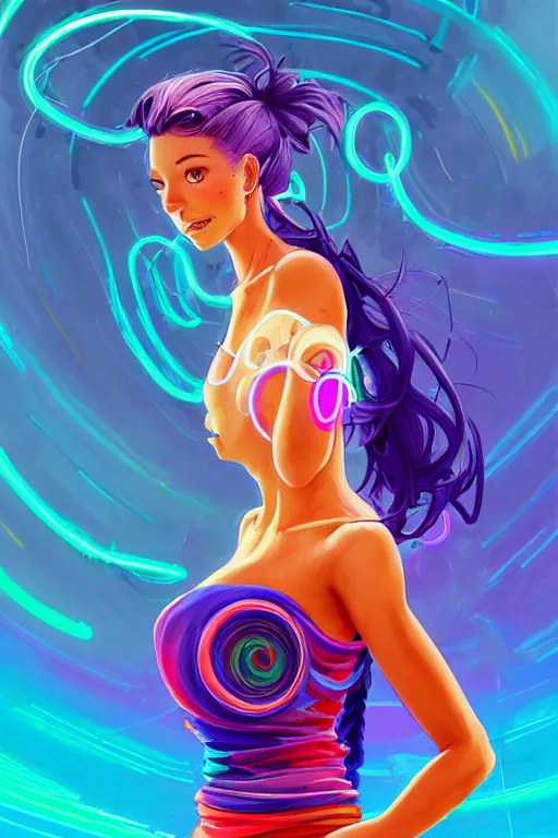 Image similar to a award winning full body portrait of a beautiful woman with stunning eyes in a one off shoulder croptop and cargo pants with rainbow colored hair, outlined by whirling illuminated neon lines and fine lines swirling in circles by jesper ejsing and rhads and makoto and shinkai and lois van baarle, digital art, trending on artstation