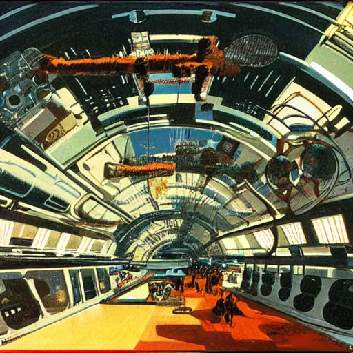 Prompt: ultra wide angle interior view of a space station, hanging gardens, oxen, by syd mead