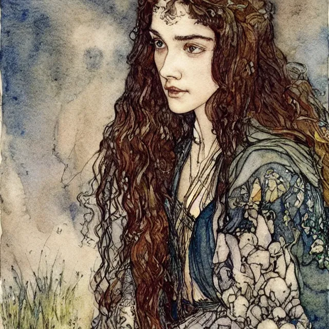 Image similar to a detailed, intricate watercolor and ink portrait illustration with fine lines of young 1 4 year old saoirse gal ronan gadot looking over her shoulder, by arthur rackham and edmund dulac and walter crane