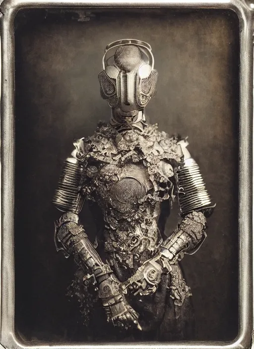 Image similar to old wetplate daguerreotype frame portrait of a futuristic silver armored geisha emperor district 9 cyborg, fractal, intricate, elegant, highly detailed, subsurface scattering, by jheronimus bosch and greg rutkowski and louis jacques mande daguerre