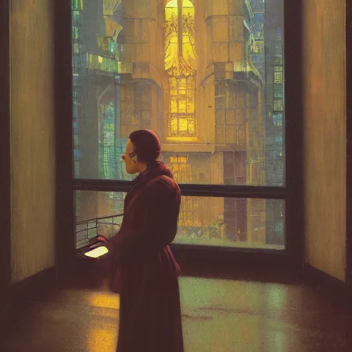 Prompt: detailed portrait of a woman, cyberpunk cloisters, electronic billboards, tech noir, wet reflections, atmospheric, ambient, livia prima, george tooker, greg rutkowski, wlop, gil elvgren, grant wood, alexis flower, hopper, mucha, whistler, norman rockwell, peter max,