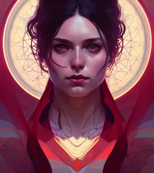 Prompt: symmetry ( wanda maximoff ) ultra detailed, intricate, dynamic lighting, digital art, digital painting, art station, wlop, sharp focus, illustration, art by artgerm and greg rutkowski and alphonse mucha