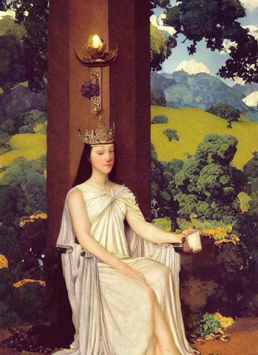 Image similar to an oil painting a queen with dark hair and white fair skin on a throne by maxfield parrish, highly detailed, realistic, realism, manierism, oil painting, wide shot