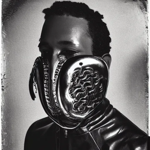 Image similar to wet plate photo, black man, silver metallic moncler jacket, dystopian metal mask,
