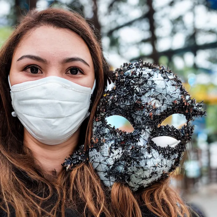 Prompt: a closeup portrait of a woman wearing a mask made of birds, in an abandoned theme park, by omar z. robles, canon eos c 3 0 0, ƒ 1. 8, 3 5 mm, 8 k, medium - format print