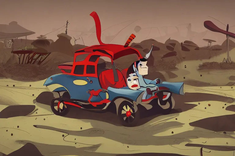 Image similar to samurai jack driving a clown car, photorealistic, detailed and intricate environment