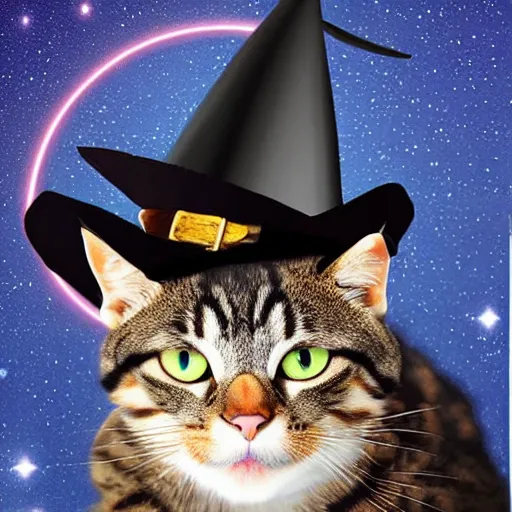 Image similar to beautiful artistic work of art realistic cinematic masterpiece where a cat comes out with a witch hat