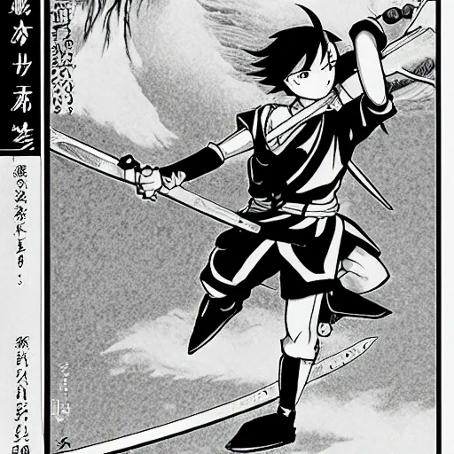 Image similar to young swordsman, illustrated by mato and ken sugimori and akira toriyama, manga, black and white illustration