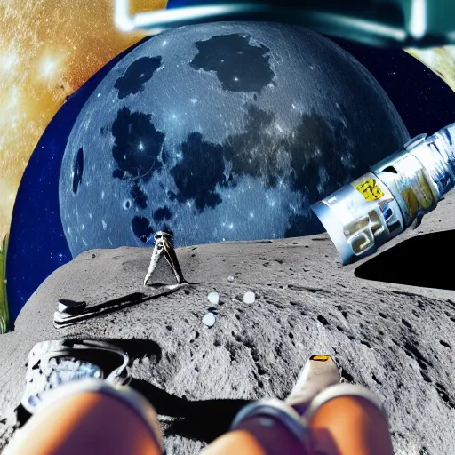 Image similar to a photo of a detailed, realistic, sitting idle, regular sized electric guitar next to a beer can and an astronaut chilling on the moon surface. detailed photo. realistic photo