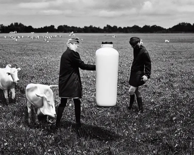 Image similar to incredible absurd nihilistic surreal photoshoot advertisement for dairy products such as milk, people enjoying milk in the style of tim walker, cow farm, vsco film grain