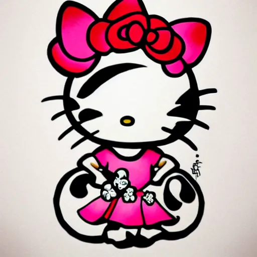 Image similar to beautiful gorgeous tattoo art of hello kitty, extremely intricate, professional art, striking pose, amazing