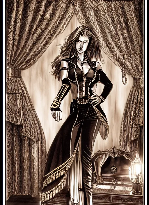 Image similar to full light rendering hyper detailed ultra sharp beautiful female sheriff's body, global lighting, intricate details of the dark saloon from the western, western saloon, booze, scofield, cigars, manga style.
