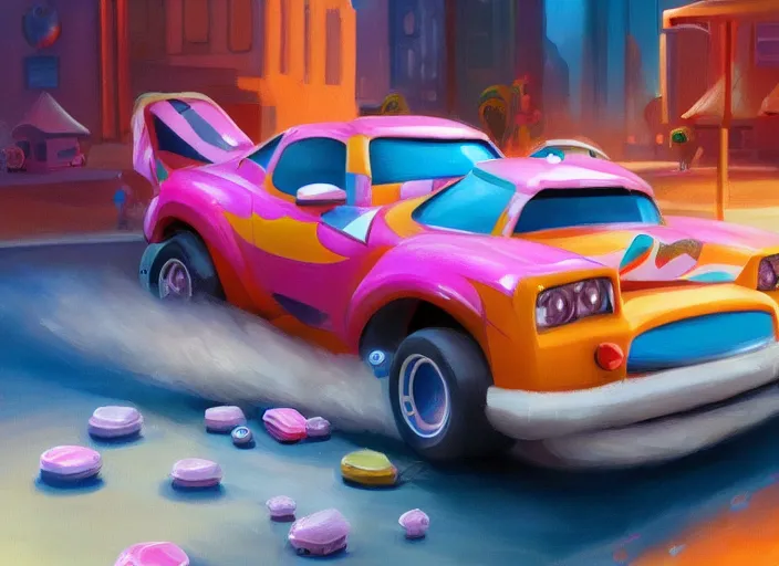 Image similar to concept design of cute candy cars for wreck - it ralph, oil painting by eren arik and jama jurabaev, extremely detailed, brush hard, artstation, high quality, brush stroke