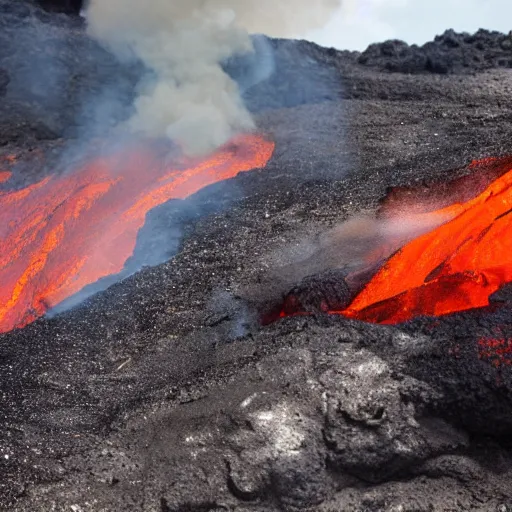 Prompt: man in a swimsuit sunbathing under an umbrella on a volcano with magma eruptions and lava flowing, steam and smoke from smoldering rocks