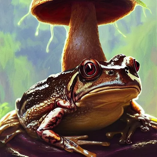 Prompt: a frog sitting on mushroom, intricate, highly detailed, digital painting, artstation, concept art, smooth, sharp focus, illustration, unreal engine 5, 8 k, art by artgerm and greg rutkowski and alphonse mucha