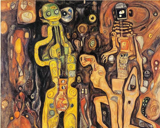 Image similar to a painting of a aliens and robots by graham sutherland, egon schiele, gustav klimt, expressionism