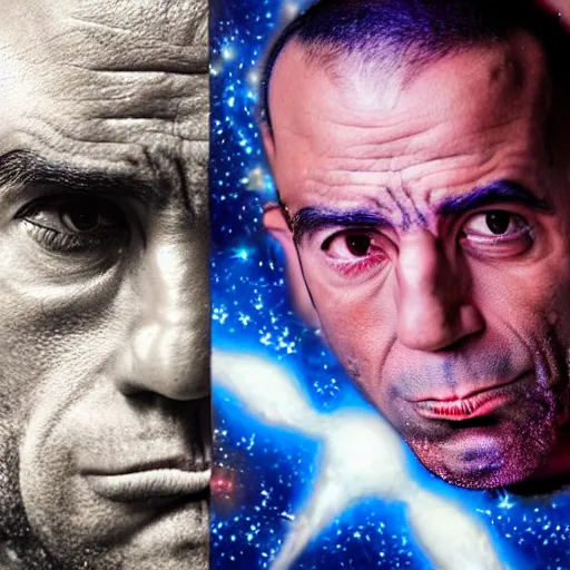 Image similar to UHD candid photo of Joe Rogan dressed as a cosmic superhero, accurate face, UHD, photorealistic, correct face, photo by Annie Leibowitz