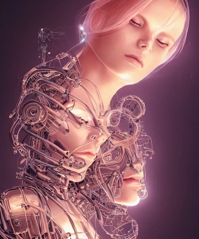 Prompt: a woman turning into an Android portrait wearing a part cybernetic body, surrealism , scifi, intricate, elegant, sharp eyebrows, ornate long flowing blonde hair, highly detailed cybernetic body, neon glowing eyes, digital painting, artstation, concept art, smooth, sharp focus, illustration, art by Artgerm and moebius and Peter Mohrbacher