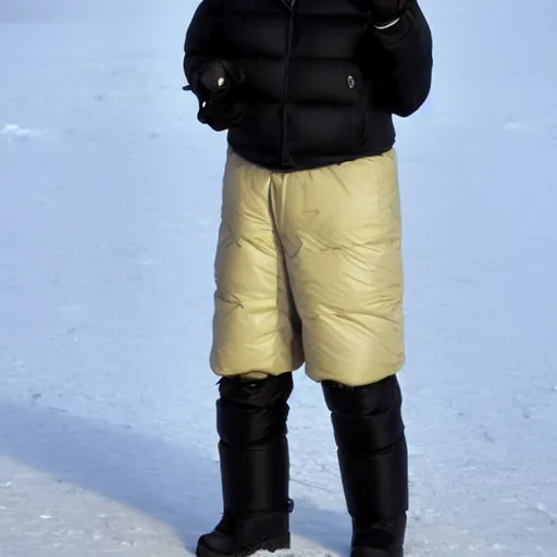 Image similar to john paul ii standing in a black puffed nuptse, black cargo pants and high black boots