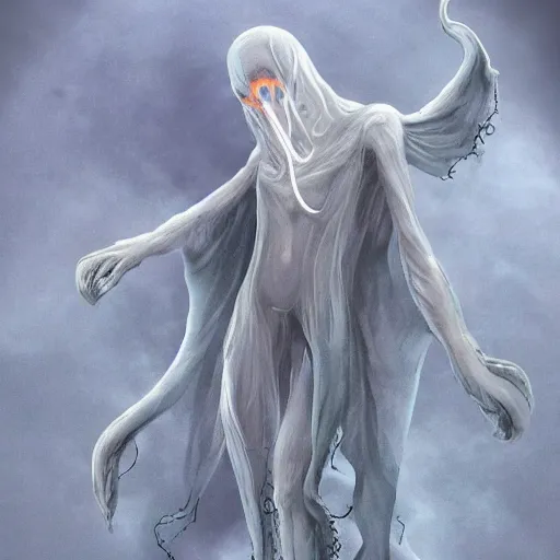 Prompt: concept designs of an ethereal ghostly wraith like figure with a squid like parasite latched onto its transparent skull and long tentacle arms that flow lazily but gracefully at its sides like a cloak while it floats around a frozen rocky tundra in the snow searching for lost souls and that hides amongst the frosted trees, this character has hydrokinesis and electrokinesis for the franchise Bloodborne in the style of arcane the series on netflix