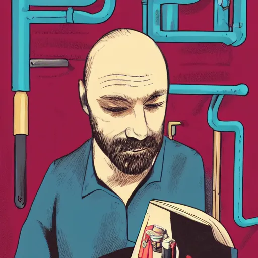 Prompt: a sigrid unset book cover of a balding man plumber