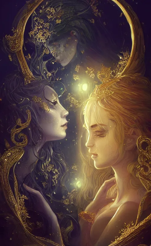 Prompt: desire and duality, masterpiece close to a candle in dark room, cinematic, powerful, moon beams dramatic light, highly, intricate gold elements, hollow souls, detailed, digital painting, artstation, concept art, sharp focus, illustration, art by kurozaki sakura, _Z eD_, dexiong gu