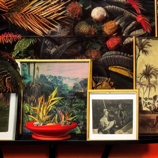 Image similar to An offset photography of a composition of five object on display, colors, (anthropology of wonder), ((((exotic artifacts)))), bauhause, tropicalism, (colonial expedition), exhibition print, 60s style