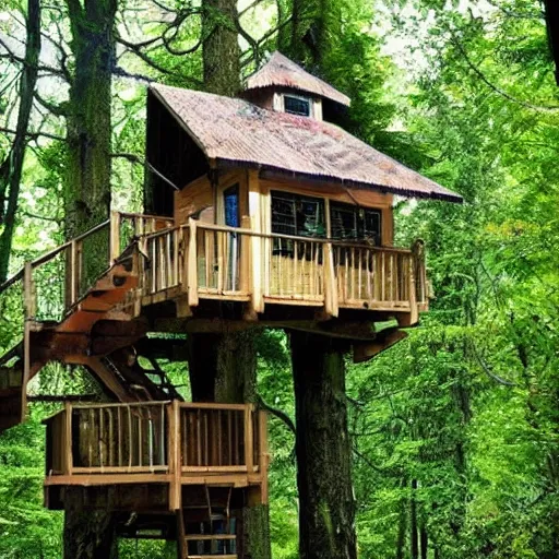 Prompt: a tree house, ladders, hanging bridges, hanging gardens, in the forest, beautiful scenery