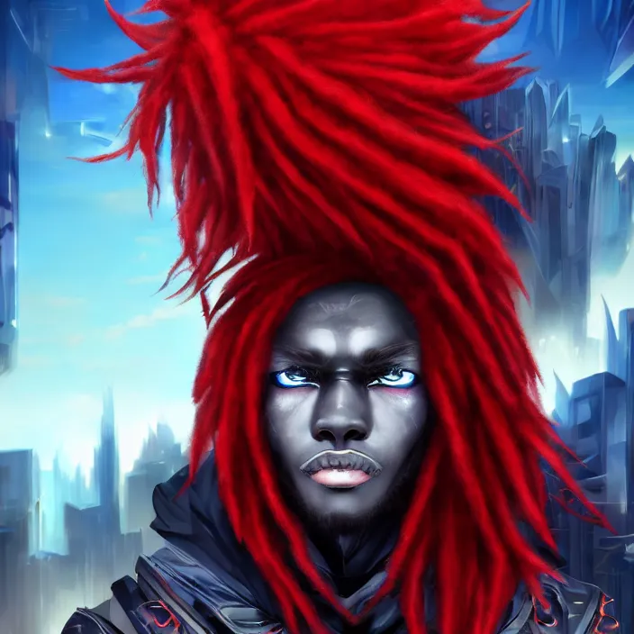 Image similar to portrait of male anthropomorphic black anime wolf, long red hair, blue eyes, in a futuristic city, hyper detailed, digital art, trending on artstation, cinematic lighting, studio quality, smooth render, unreal engine 5 rendered, octane rendered, 1 : 1 aspect ratio