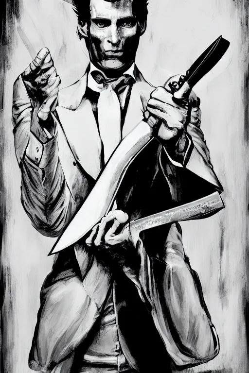 Image similar to black and white illustration of Patrick Bateman holding a big knife, neo noir style, Frank Miller creative design, body horror