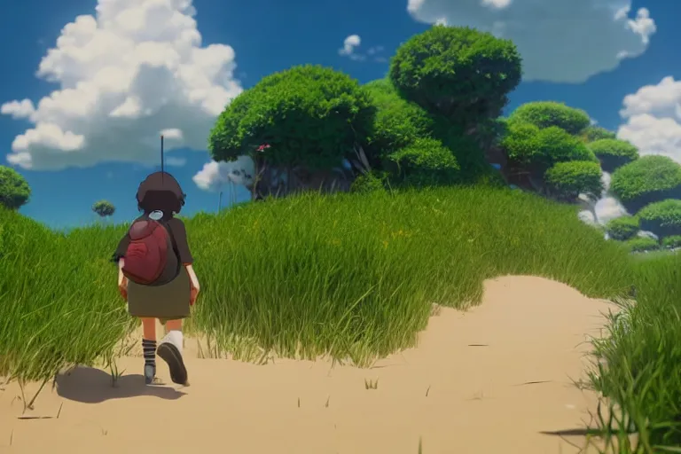 Prompt: semi realistic first person studio ghibli shooter game trailer on a shining beach, cinematic lighting, ray tracing, unreal engine 5, photorealistic