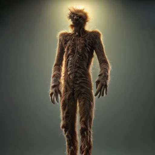 Image similar to standing photorealistic detailed tall skinny humanoid creature with fur, extremly detailed, 8 k, realistic, sharp focus, cosmic horror creature, cosmic horror, from the movie the thing