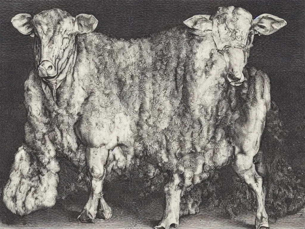 Image similar to portrait of a veal at the slaughterhouse. copper engraving by albrecht durer, walton ford