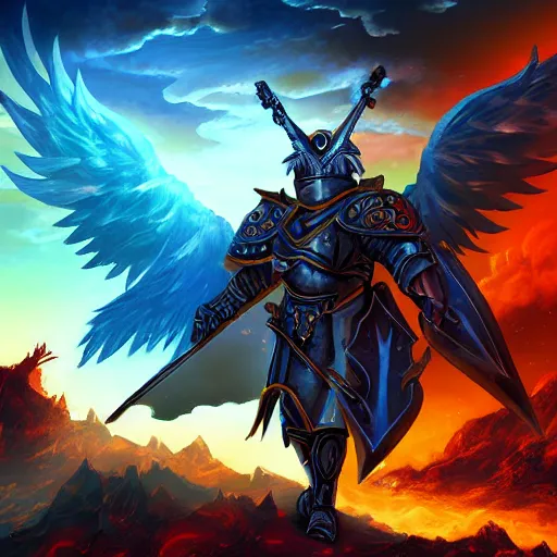 Image similar to paladins in plate armor riding into hell, fighting demons, with an angel with a sword flying over them, hellscape, digital art