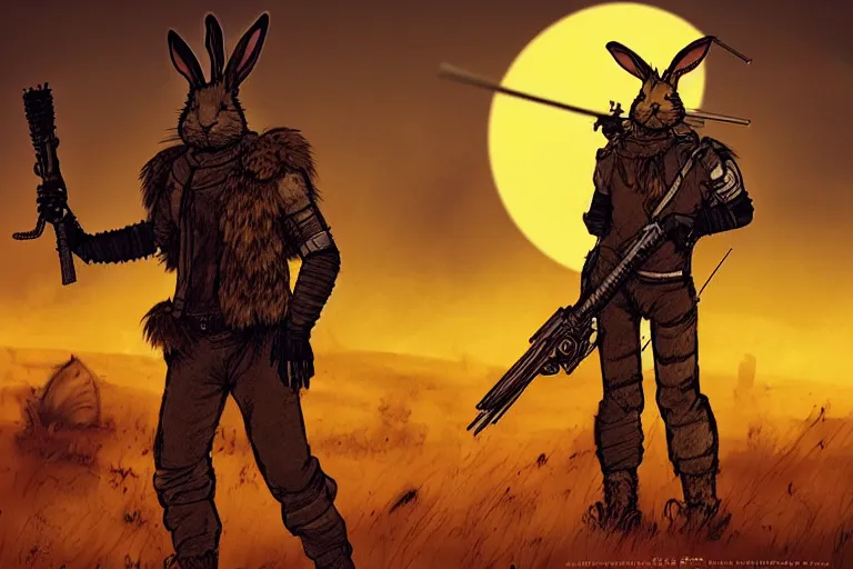 Image similar to a good ol'rabbit fursona ( from the furry fandom ), heavily armed and armored facing down armageddon in a dark and gritty version from the makers of mad max : fury road. witness me.