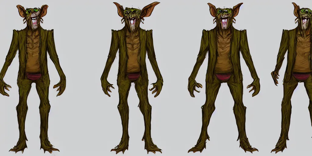 Image similar to Full body goblin, ripped suit, grinning, smile, concept sheet