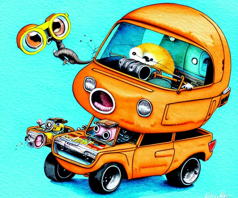 Image similar to cute and funny, beaver wearing goggles driving a tiny hot rod with an oversized engine, ratfink style by ed roth, centered award winning watercolor pen illustration, isometric illustration by chihiro iwasaki, edited by craola, tiny details by artgerm and watercolor girl, symmetrically isometrically centered