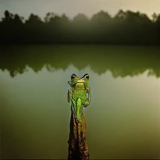 Image similar to “semitranslucent smiling frog amphibian rising above the waters of misty lake in Jesus Christ pose, low angle, long cinematic shot by Andrei Tarkovsky, paranormal, spiritual, mystical”