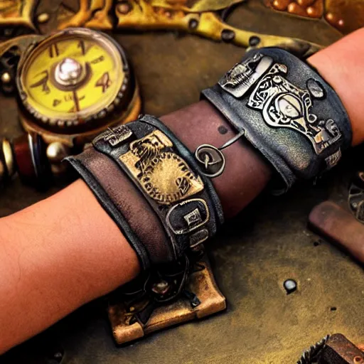 Image similar to A steampunk wristband that launches out a grapple using steam canisters, epic fantasy art style HD