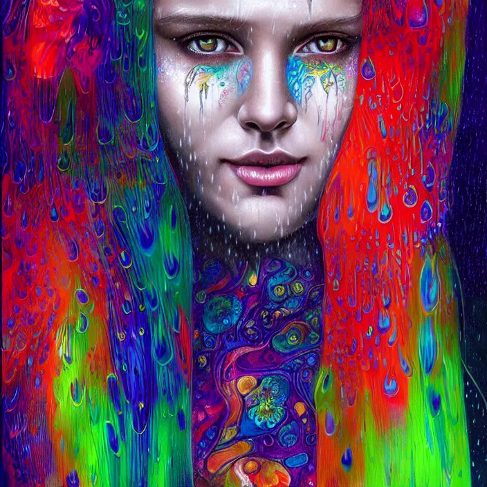 Prompt: bright psychedelic portrait with rain on face and wet hair, wings, smiling, diffuse lighting, fantasy, intricate, elegant, highly detailed, lifelike, photorealistic, digital painting, artstation, illustration, concept art, smooth, sharp focus, art by John Collier and Albert Aublet and Krenz Cushart and Artem Demura and Alphonse Mucha