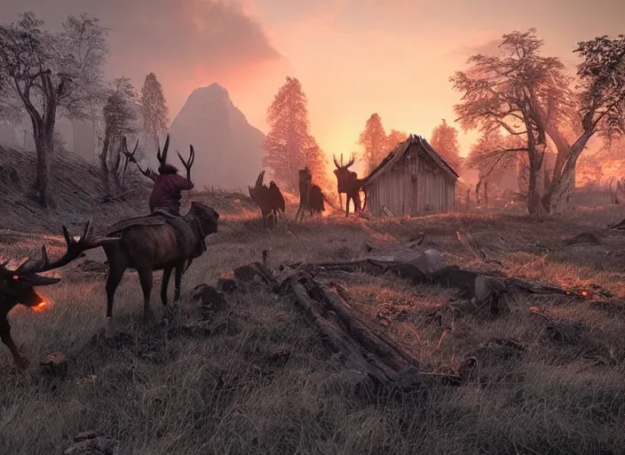 Image similar to a viking guiding a moose through an abandoned viking village, burnt huts, bodies on the ground, dramatic dramatic lighting, dawn, by caspar david friedrich, unreal engine 5