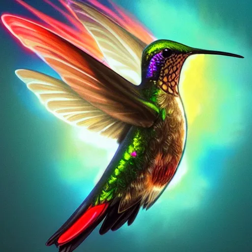 Image similar to a hummingbird made of colorful fire, art by artgerm and greg rutkowski and alphonse mucha, concept art, octane render, unreal engine 5, highly detailed, high quality, 8 k, soft lighting, realistic face, path traced