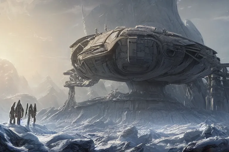 Prompt: epic concept art matte painting by weta digital, towering abandoned alien superstructure, frozen exoplanet with two moons, george lucas, mohrbacher, cgisociety