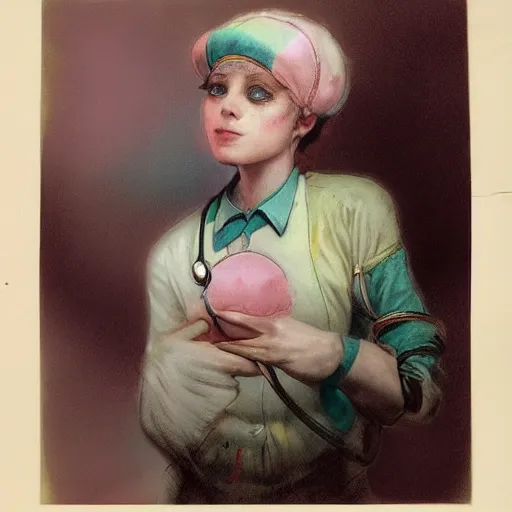 Image similar to clowncore pastel punk young hospital nurse wearing stylish uniform. detailed, portrait, 8 k, artwork by jean - baptiste monge